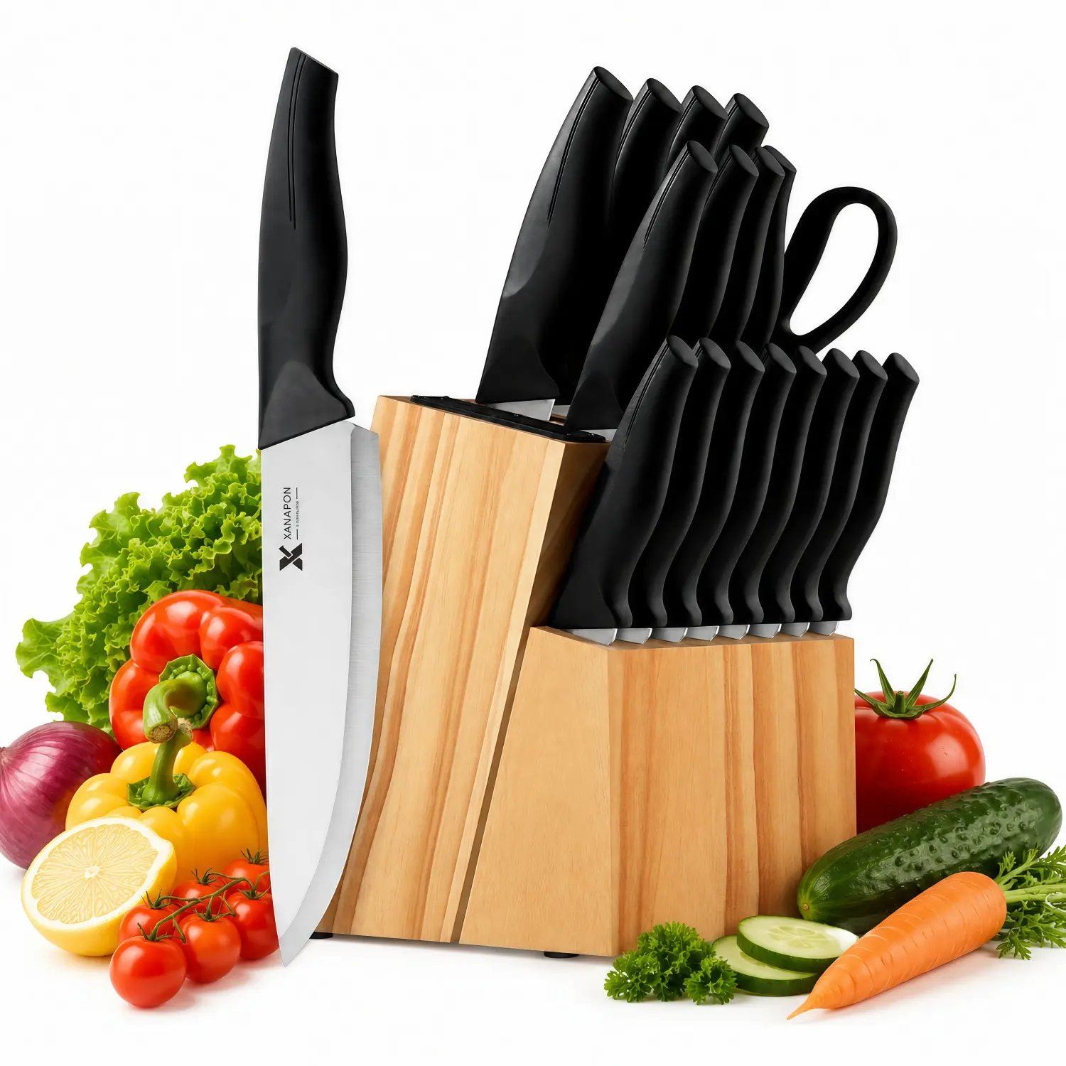 19-Piece Self-Sharpening Stainless Steel Kitchen Knife Set with Block - Home Kitchenware, ABS Anti-Slip Ergonomic Handle, Dishwasher Safe, Lux Black Slicer for Cutting Tasks, Built-In Sharpener, Storage Solution