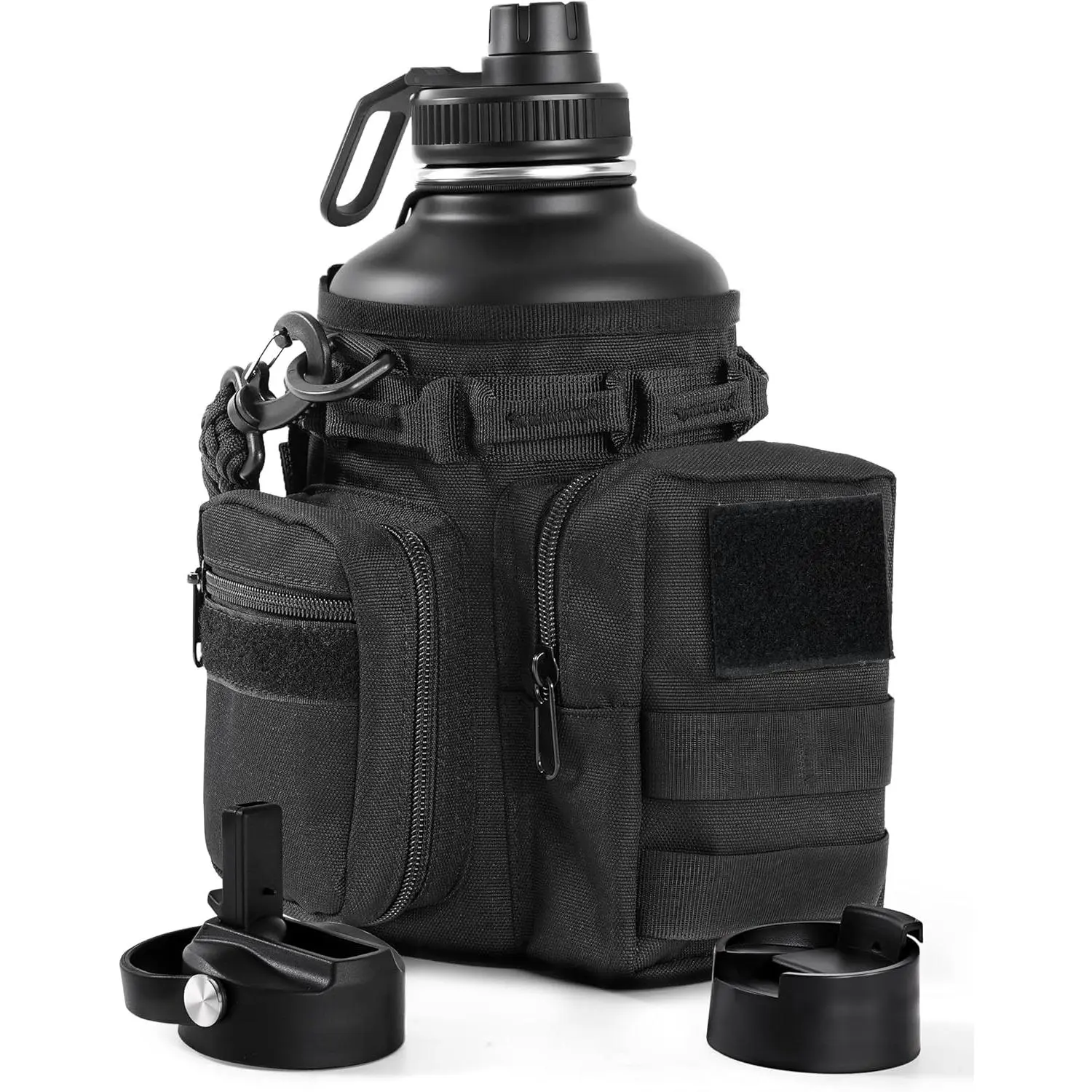 Tactical 64 Oz Insulated Stainless Steel Water Bottle with Straw, Straw Blocks Ice, Molle System Holder, 3 BPA-Free Lids for Gym Workout, Outdoor Sports (Black)