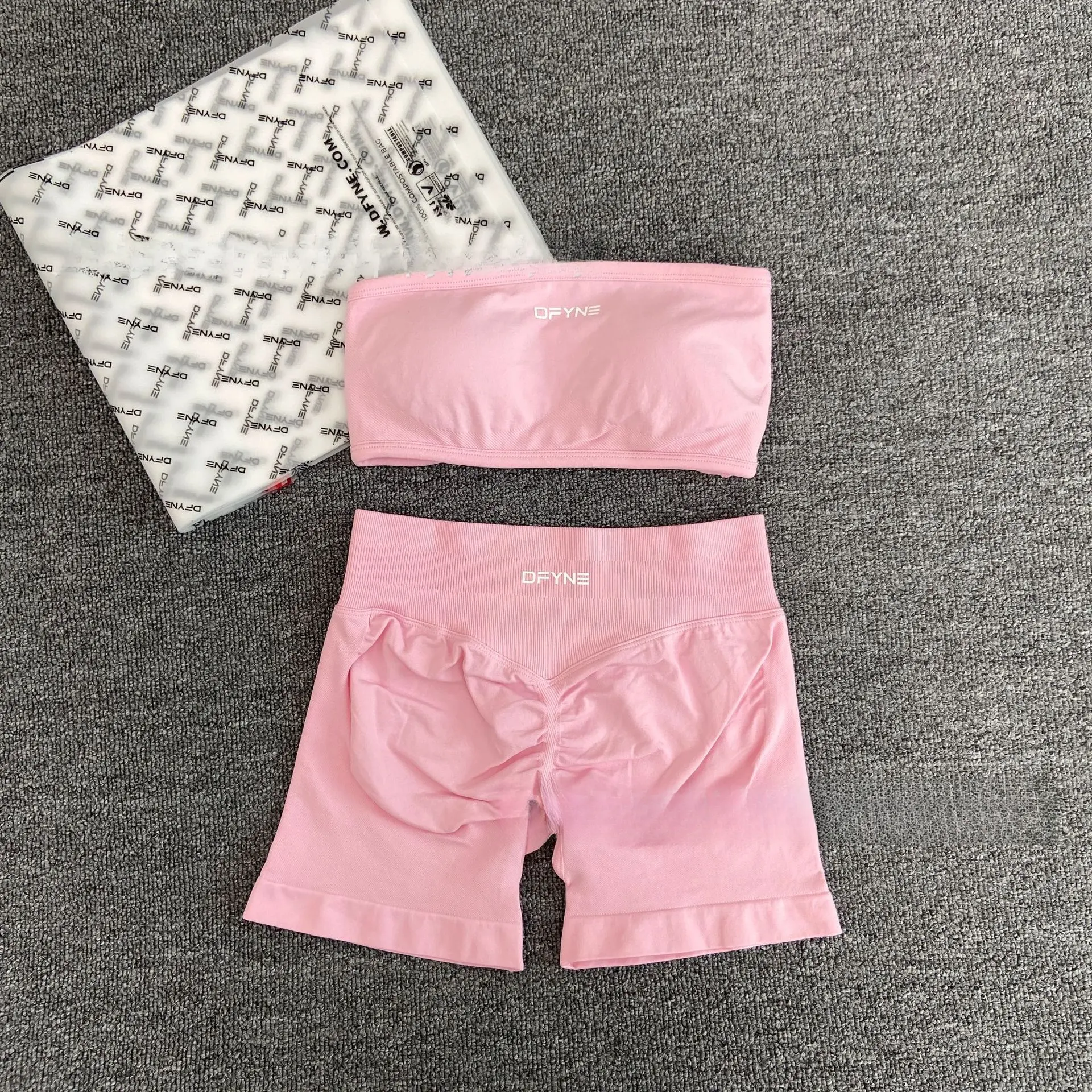 DFYNE 2-Piece Summer Outfit for Women - Ruched Bust Halter Camisole & High Waisted Ribbed Gym Shorts| Trendy Seamless Workout Set