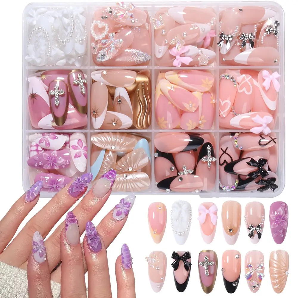288pcs Long Almond 3D Gel Decorative Nails, French Acrylic Gel Press Ons, Butterfly & Rhinestone Decor, Perfect for Summer & Parties