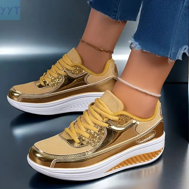 YYT1 Women's Gold and Yellow Sequined Lace-Up Low-Top Fashion Sneakers - Lightweight, Comfortable, Closed-Toe Athletic Walking Sports Training Shoes Suitable for All Seasons