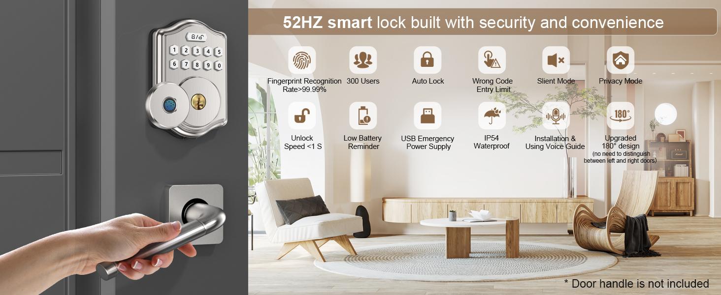 52HZ Fingerprint Door Lock, Keyless Entry Door Lock with Code, Voice Guidance Keypad Deadbolt Locks for Front Door, Anti-Peeping Password, Auto Lock, Easy to Install, Satin Nickel