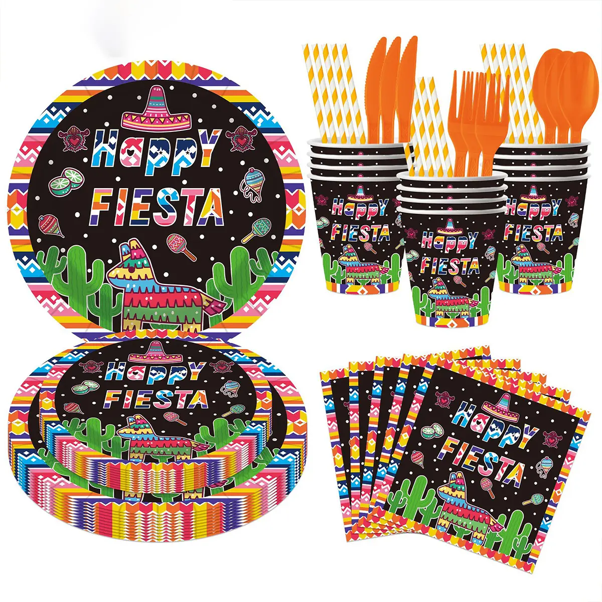 104-Piece Thick Lightweight Mexican Carnival Disposable Tableware Kit - Serves 12 Guests, Includes Plates, Knives, Forks, Spoons, Cups, Straws, Napkins, Decor & Bag, for Happy Birthday Celebrations (Playful Disposable Tableware Supplies)
