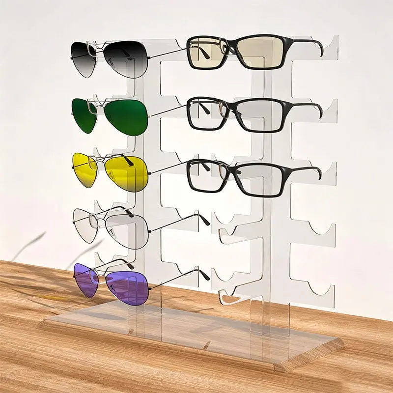 Double-Row Clear Eyeglasses Display Stand, Compact 10 Pairs Sunglasses Storage Organizer, Desktop Counter Glasses Holder Racks for Home Collection & Retail Store, Fits Sunglasses, Reading Glasses, Myopia Glasses & Safety Goggles