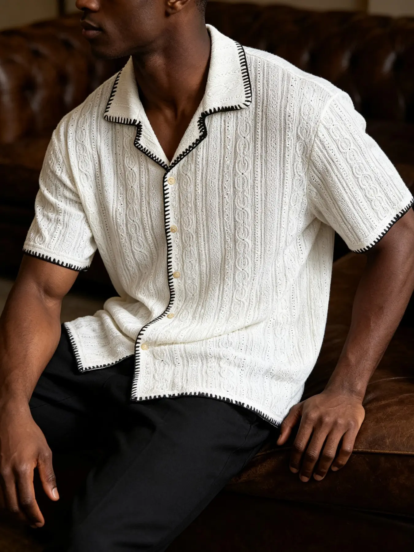 Men’s Cuban Collar Button Front Neckline Short Sleeve Button Up Shirt, Cable Knit Jacquard Textured, Breathable Loose Casual Top for Summer Vacation