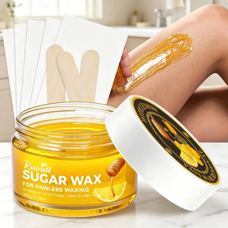 150g Natural Honey Lemon Sugar Wax Hair Removal Kit, Gentle & Painless Wax Cream with Wax Strips and Wooden Spatula, for At-Home Full Body Hair Removal on Arms, Legs and Bikini Area, Body Waxing