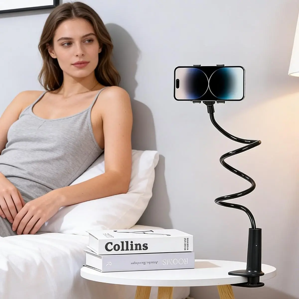 Flexible Clip-On Phone Grip Holder, Long Arm Lazy Phone Stand, 360° Rotating Bedside Phone Holder, Mobile Phone Mount, Hands-Free, Stable