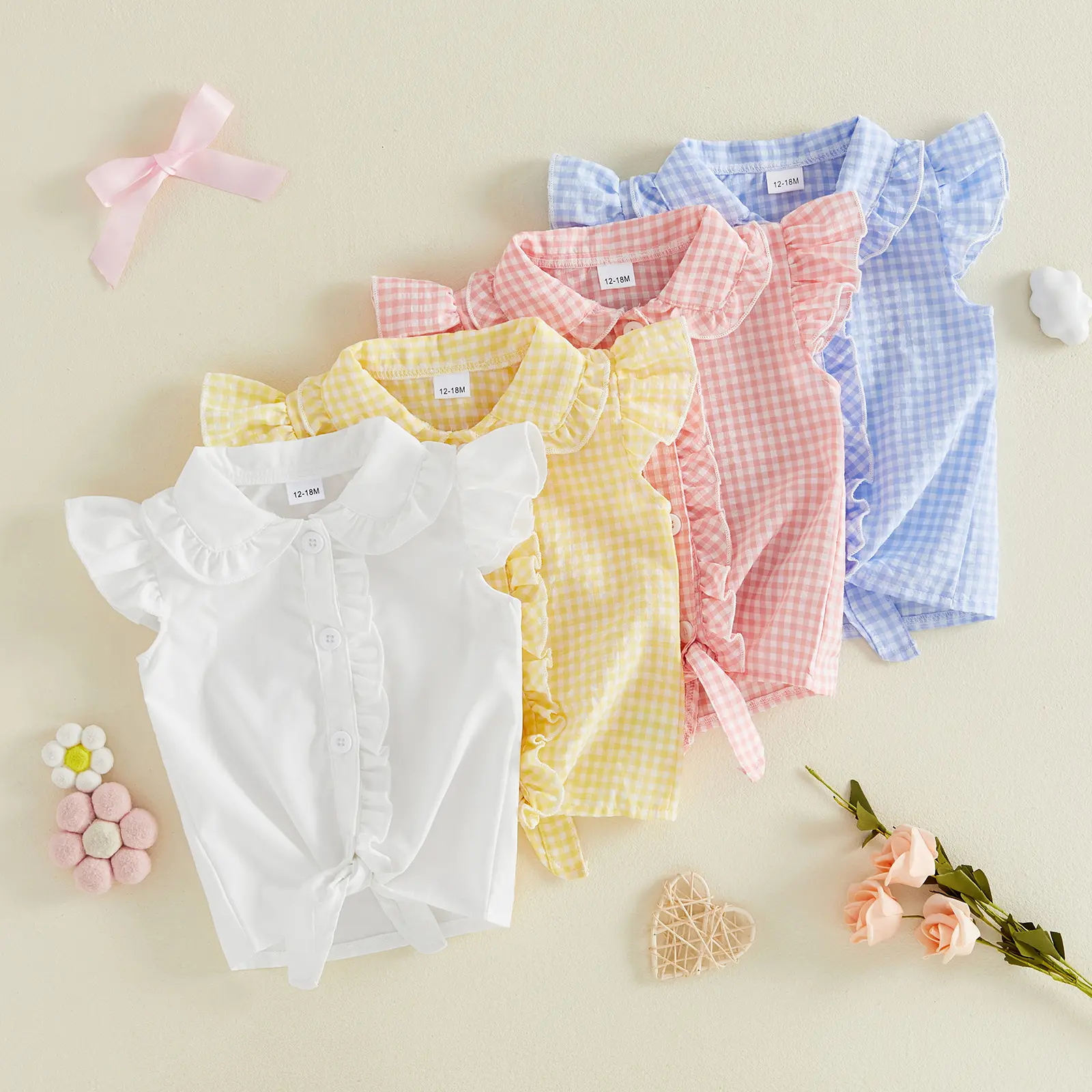 Toddler Girl Button Down Shirt Tie Knot Shirt Plaid Blouse Fly Sleeveless Ruffle Tops Baby Summer Clothes 1-5 Years