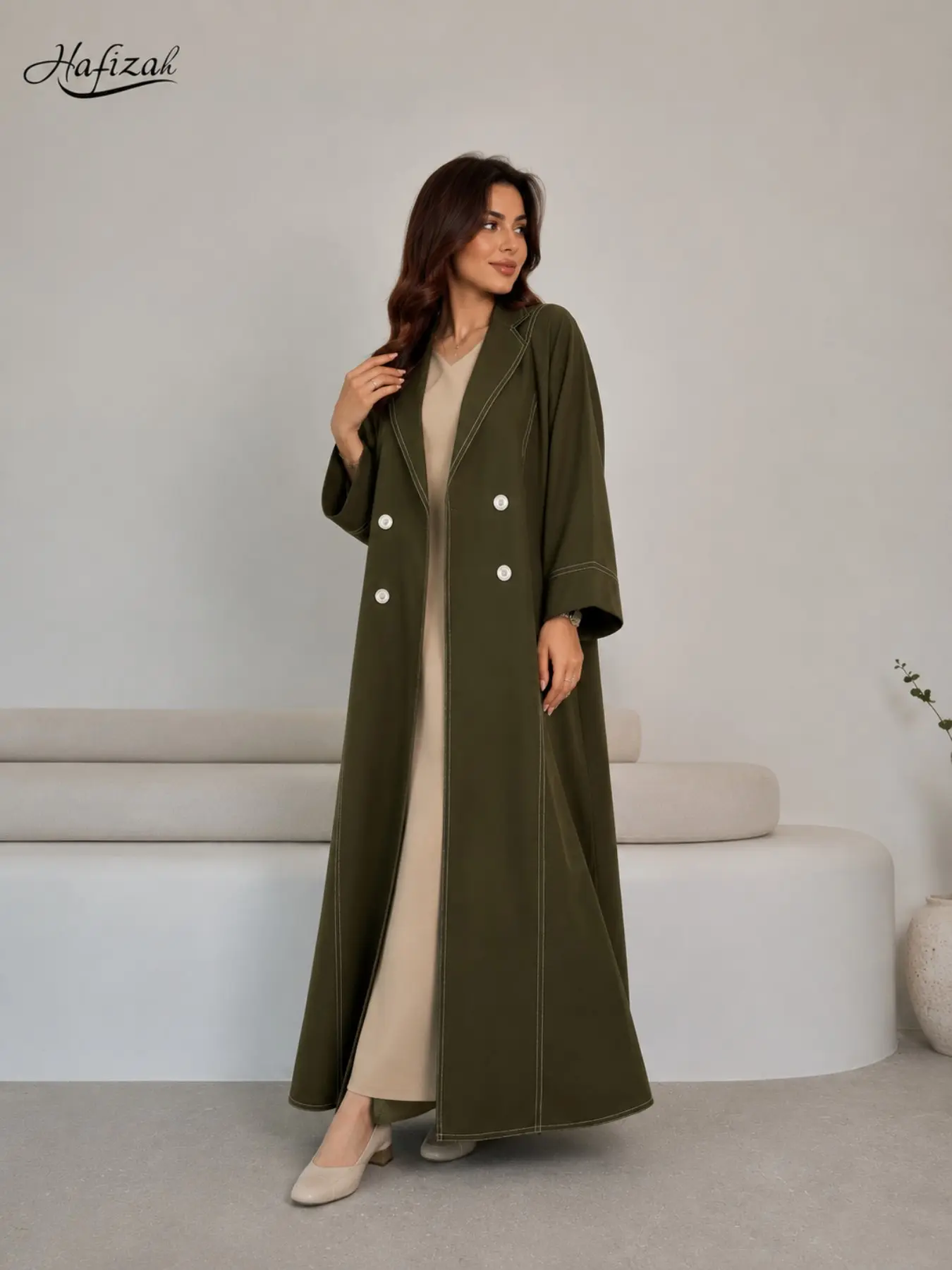 Elegant Long Abaya Coat for Women, Double Button Front Open Cardigan, Islamic Fashion Dress, Long Sleeve Robe, Stylish and Modest