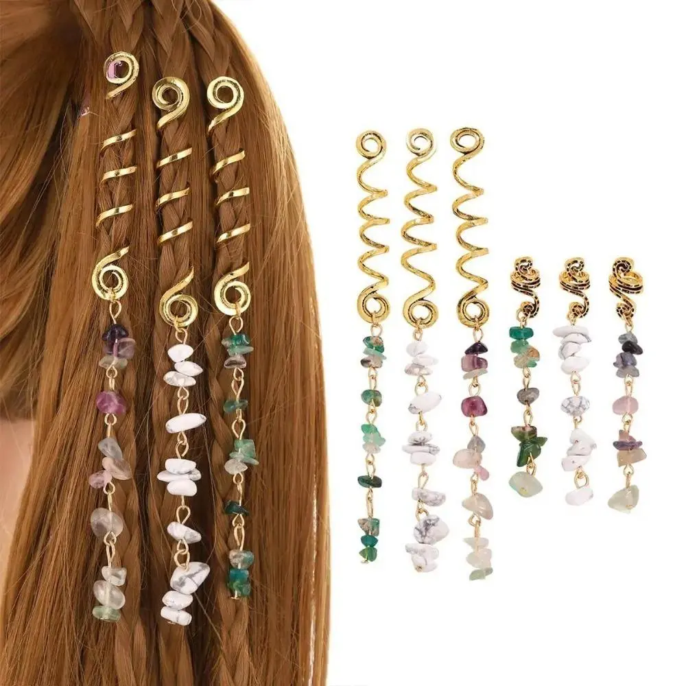 6Pcs Boho Natural Stone Dreadlock Hair Charms Set, Gold Spiral Loc Jewelry with Crystal Pendants, Adjustable Braid Hair Rings for Festival & Everyday Hairstyles Women