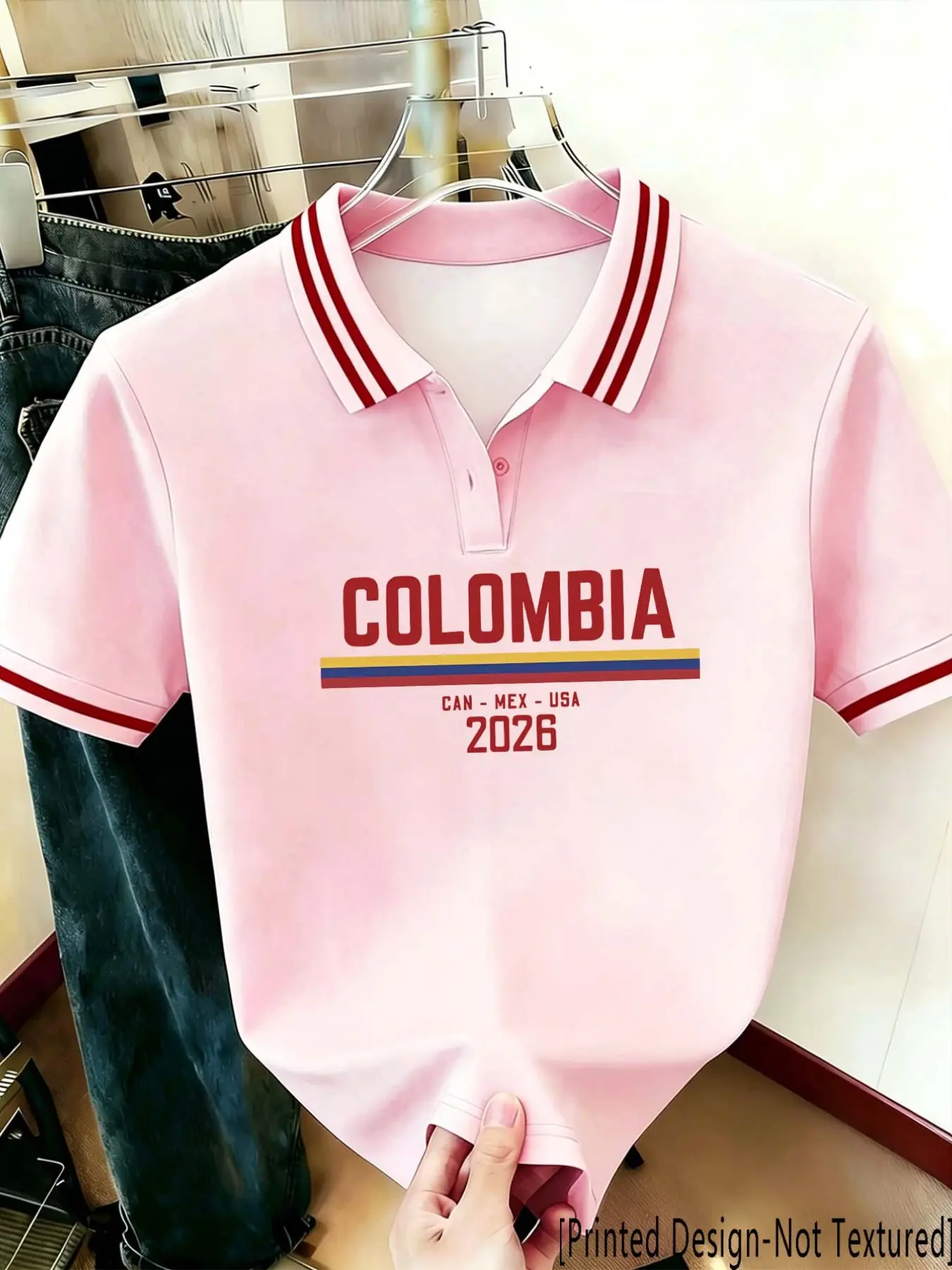 2026 Summer Preppy Pink Striped Polo Shirts, Summer Polos | Country Print (Colombia/Mexico/US) | Lightweight Cotton | Daily Commute/Campus/Street Sports Casual | Stadium Outfit/2026 Fan Support/Game Day OOTD | Gym/Party/Street Versatile | Top Only