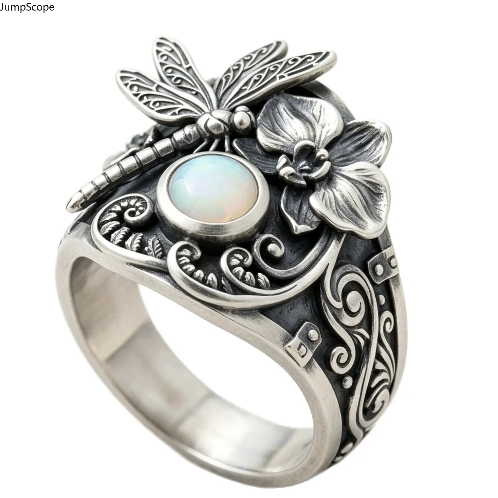 3D Dragonfly Orchid Floral Signet Ring, Antiqued Silver Plated Iridescent Flash Opal Scroll Engraved Wide Statement Band for Women Boho Retro Daily Wear