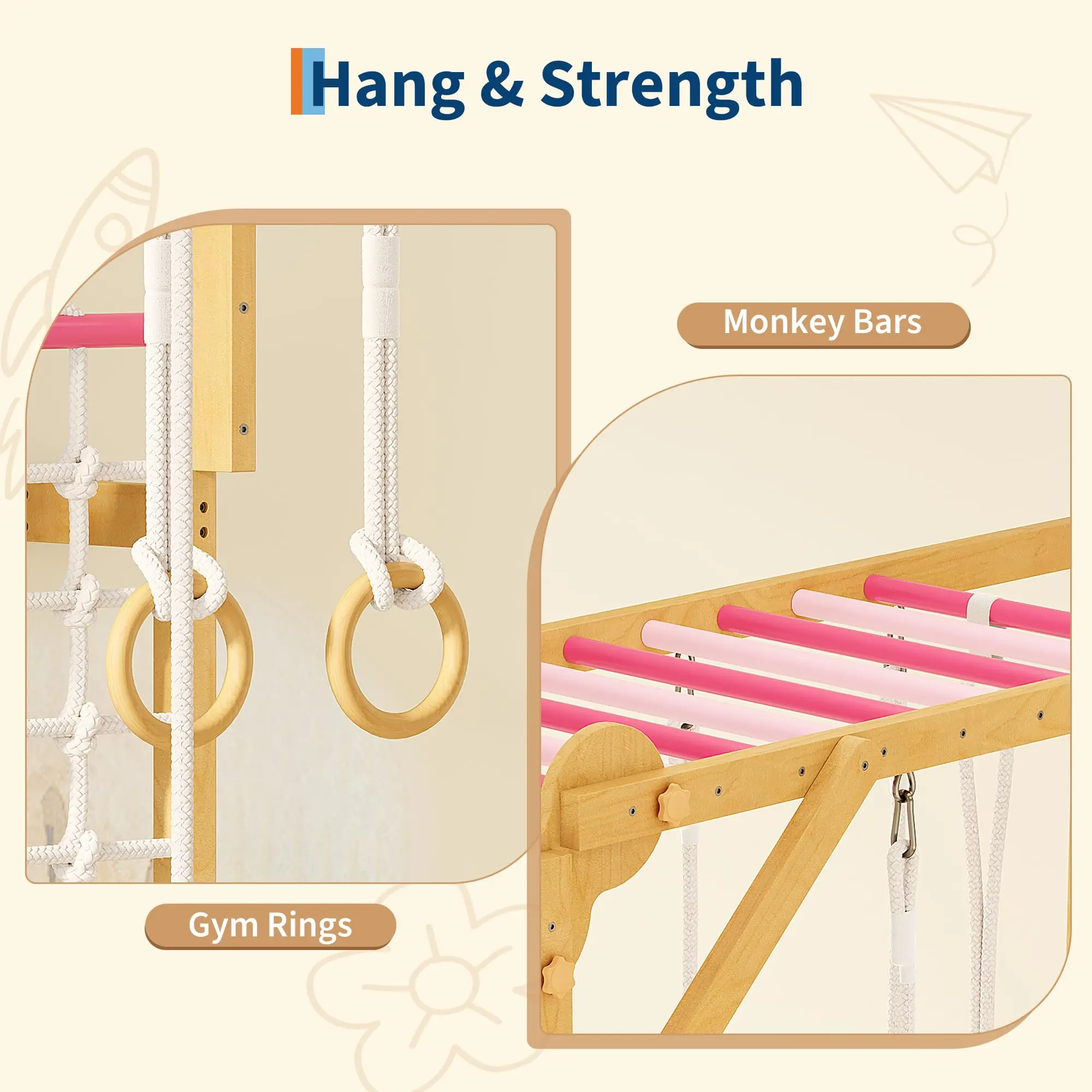 8-in-1 Wooden Indoor Jungle Gym for Kids Ages 3-10 - Wood Frame Climbing Structure with Slide, Swing, Monkey Bars, Gymnastic Rings, Climbing Rope - Indoor Playground Toy