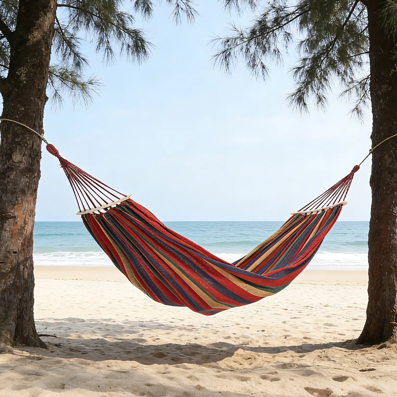 Extra Large Double Canvas Hammock with Wood Spreader Bar, Blue Green Striped Design, 500 Lbs Load Capacity, 129.9×59.1 Inches, Comes with Storage Bag, Two 9.8ft Tree Ropes and Installation Guide for Outdoor Use