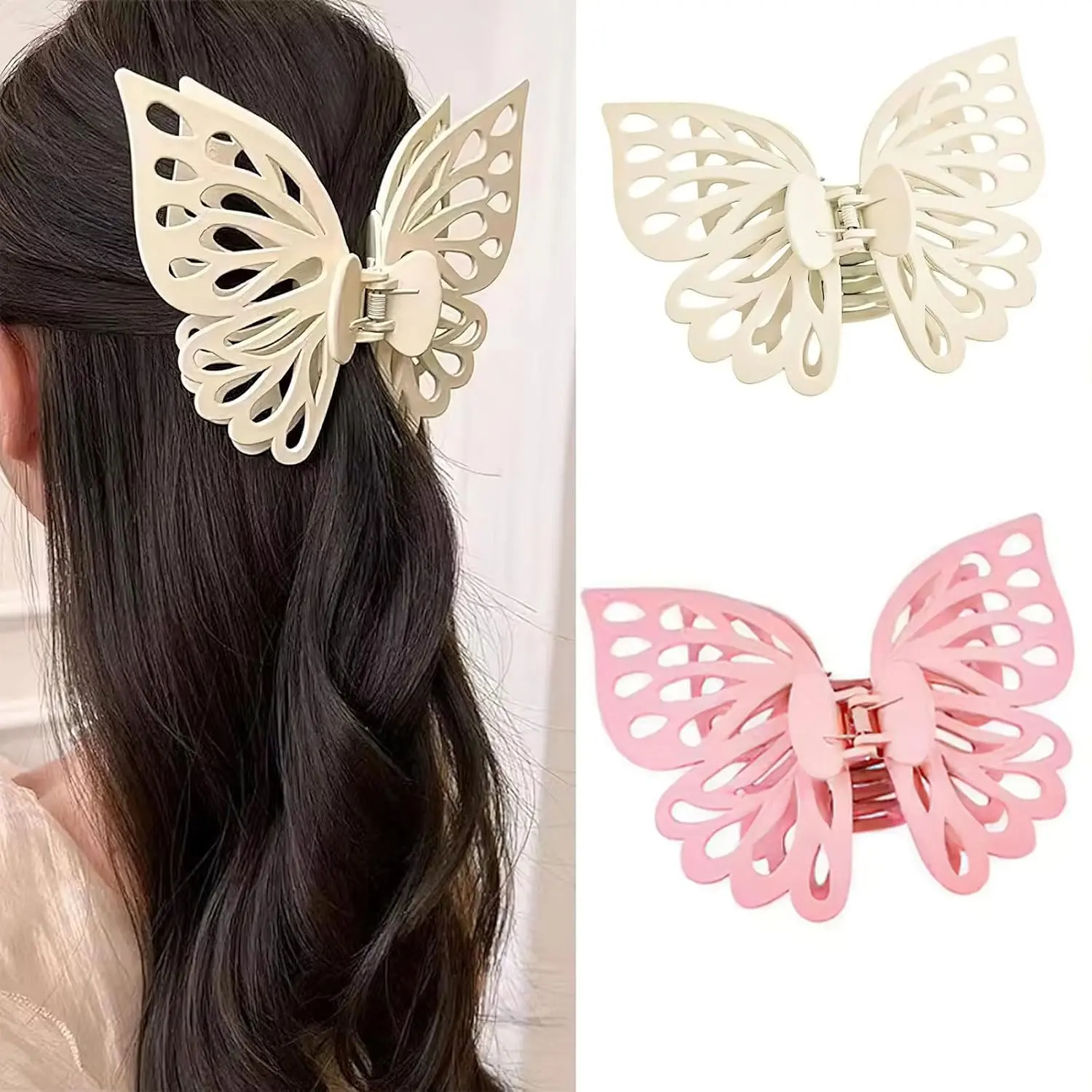 2 Pcs Large Butterfly Hair Clips, Pink and White Hollow Matte Butterfly Hair Claws Strong Hold Non-Slip Hair Accessories for Thick Thin Hair Barrettes for Women(5.51 Inch)