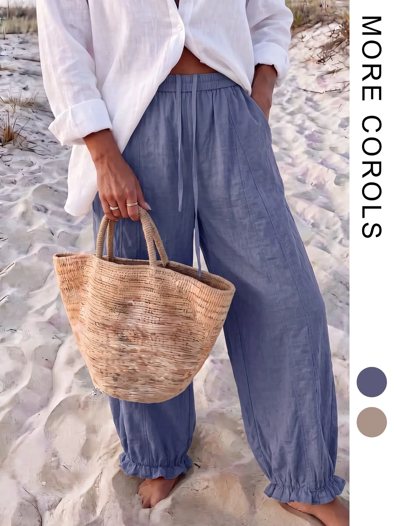 Women's Baggy Oversized Harem Pants, Loose Fit Drawstring Elastic High Waist Trousers, Casual Vertical Seam Design Ruffle Frill Trouser Hem Lightweight Flowy Wide Leg Bubble Joggers, Vacation Lounge Balloon Bottoms #widelegpants #cleanlook
