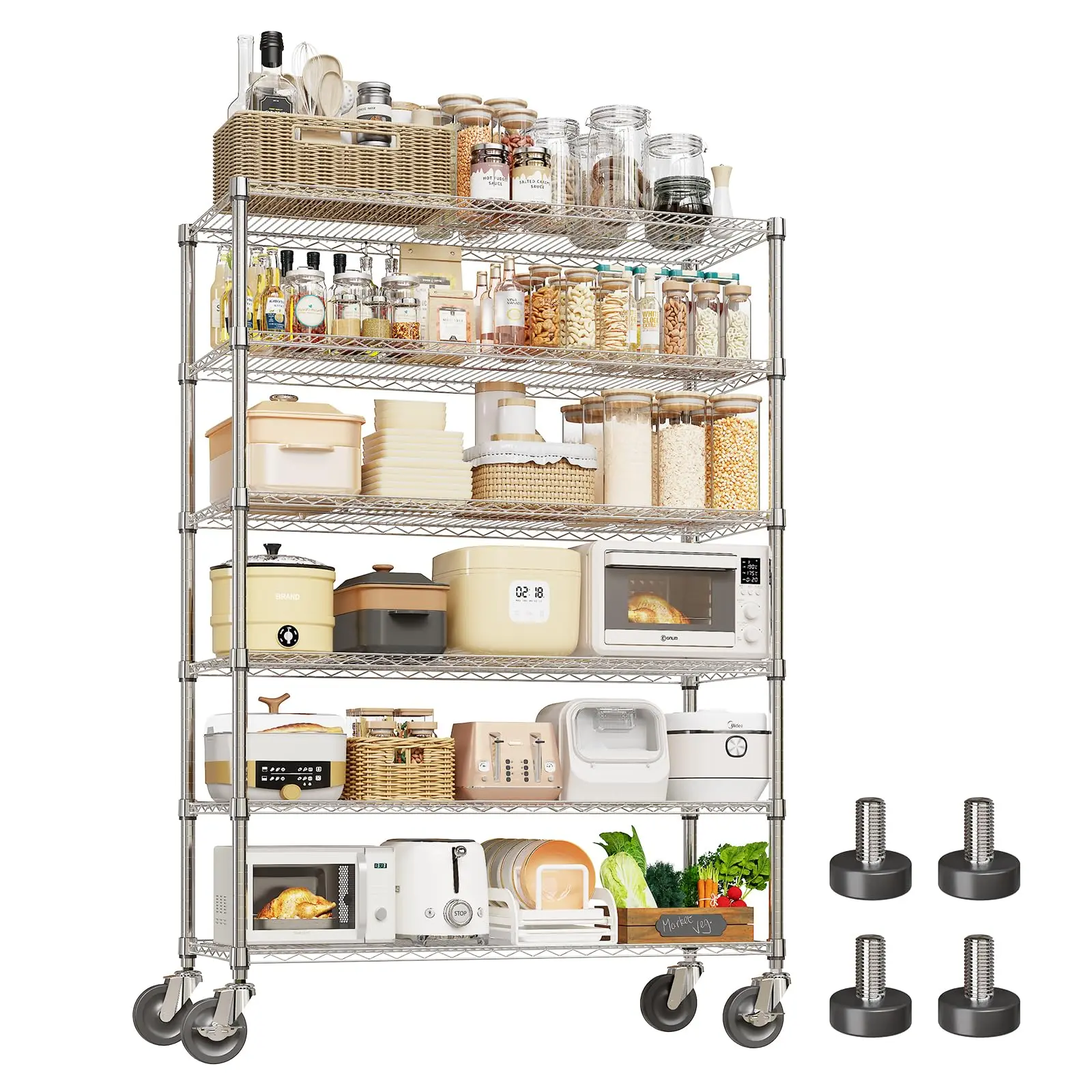 Garvee Industrial Heavy-Duty Chrome Steel Wire Storage Rack, Adjustable 4-6 Tiers Organiser - 1760-2640lbs Capacity, Bulk Storage Organizer with Lockable 4" Wheels, 47"W x 18"D x 71"H for Kitchen, Garage
