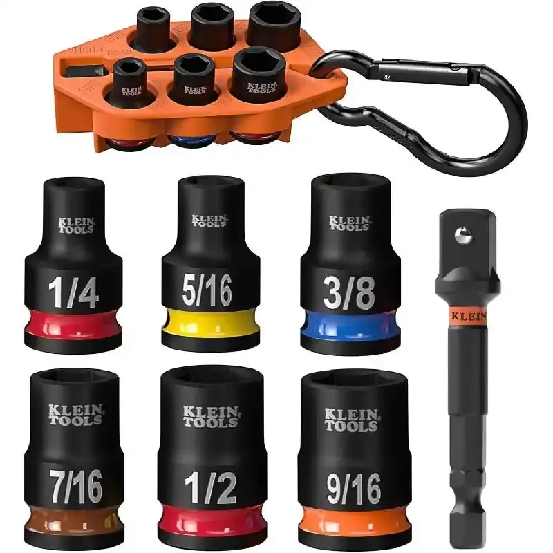 Klein Tools 33808 Grab-And-Go Impact Socket Tool Kit Set, SAE 7-Piece 3/8-Inch Drive with Sleeve, Carabiner, Color-Coded 1/4, 5/16, 3/8, 7/16, 1/2, 9/16-Inch Sockets