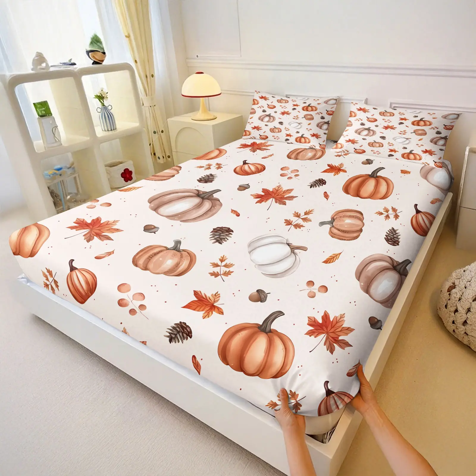 3Pcs Autumn Pumpkin Maple Leaf Fitted Sheet Set, Fall Harvest Farmhouse Pattern Bed Sheets Set, Soft Microfiber Bedding Set for Rustic Bedroom Decor, King/Queen/Full Size Bedding Collection No Fillers, Decorative Bedsheet Sets