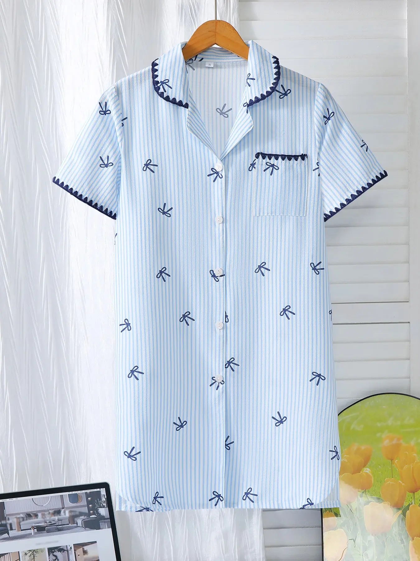 Women's Fashion New Sleepwear Shirt Dress, Simple Casual Light Open Front Home Dress, Classic Stripes with Small Bow Pattern, Collar Open Cardigan Nightgown