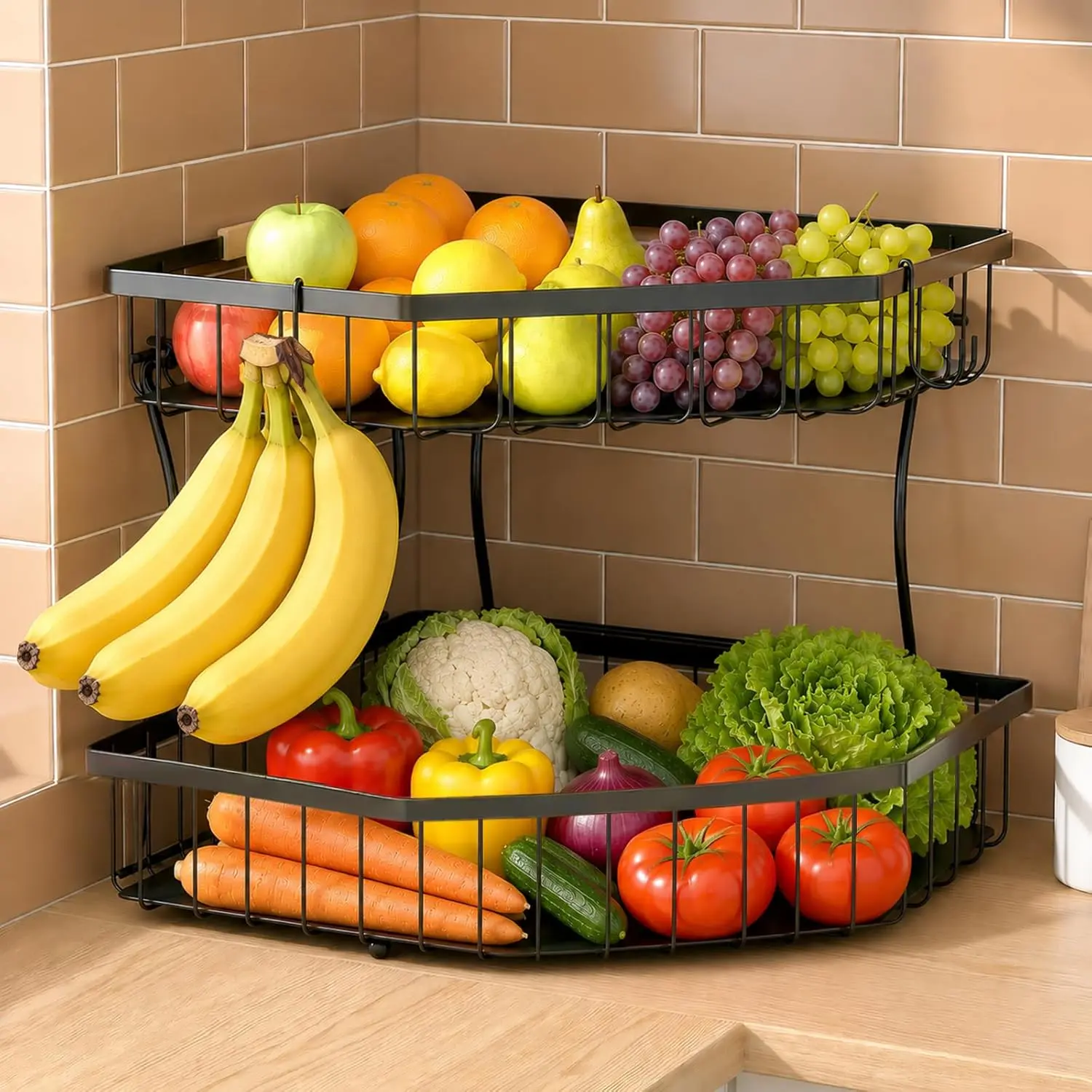 2 Tier Fruit Basket for Kitchen Counter - Detachable Metal Fruit Bowl with 2 Banana Hangers for Corner , Large Capacity Fruit Stand with Wooden Handle for Bread Fruit and Vegetable Storage- Black