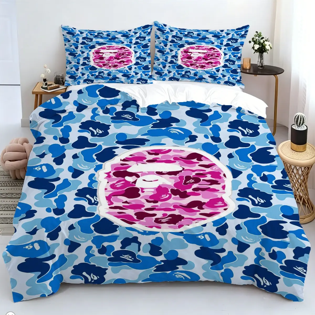 Camo Ape Head Pattern Decorative Duvet Cover Set, 2/3Pcs Streetwear Bedding Set, Bed Sets, Suitable for Streetwear-Style Bedroom, Teen Boy Room, Hip Hop Themed Apartment Home Decor. 1 or 2 Pillowcase, No Filling