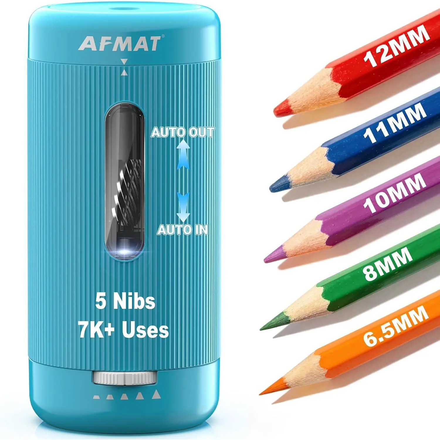 Electric Pencil Sharpener, Auto in & Out, 5 Nibs, 7K+ Uses, Fully Automatic Pencil Sharpener for Classroom, Rechargeable Hands-Free Sharpeners for /Colored Pencils (φ6.5-12mm) PSC3(Cyan)