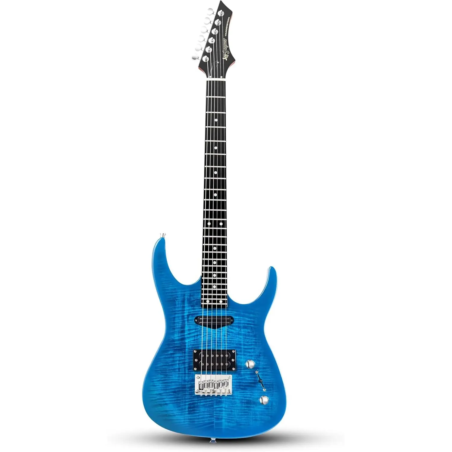 Leo Jaymz Thunderstorm ST-Style Solid Body Rock Guitar - Flamed Maple Top, Purple Fixed Bridge, Railway Pickup, 24 Frets, for Beginners & Adults, All Seasons, No Excessive Promotions (Blue Flame)