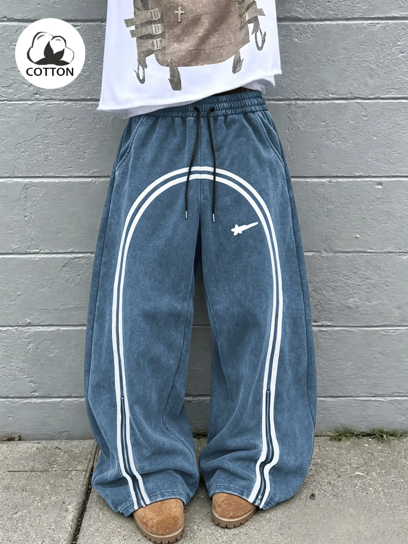 Men's Loose Fit Washed Cotton Sport Pants, Front Dual Arc Lines, Side Zipper, Drawstring Waist, Vintage Y2K Casual Streetwear, Casual Sporty Pants