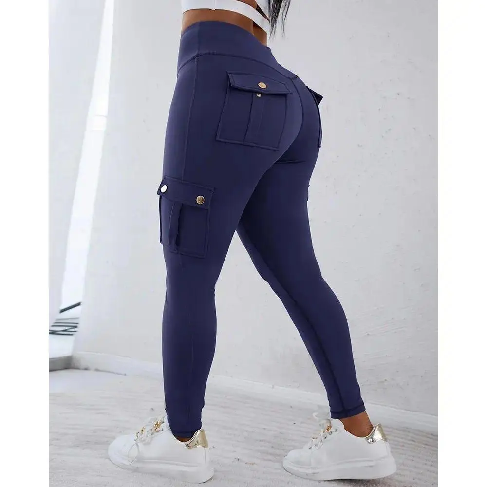 High Waist Tummy Control Butt Lifting Cargo Leggings With Flap Pockets, Women Yoga Gym Sports Pants