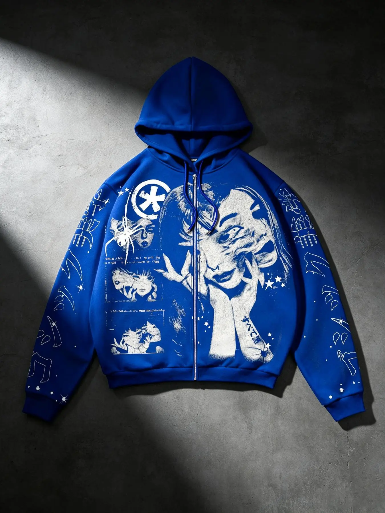 [Zip-up Hooded Sweatshirt] Streetwear Trendy Anime Patchwork Girl Print Full-width Print Long-sleeved Cardigan Jacket with Spider, Five-pointed Star, and Side Symbols. Loose, Comfortable, Unisex, Casual, Trendy, and Versatile.