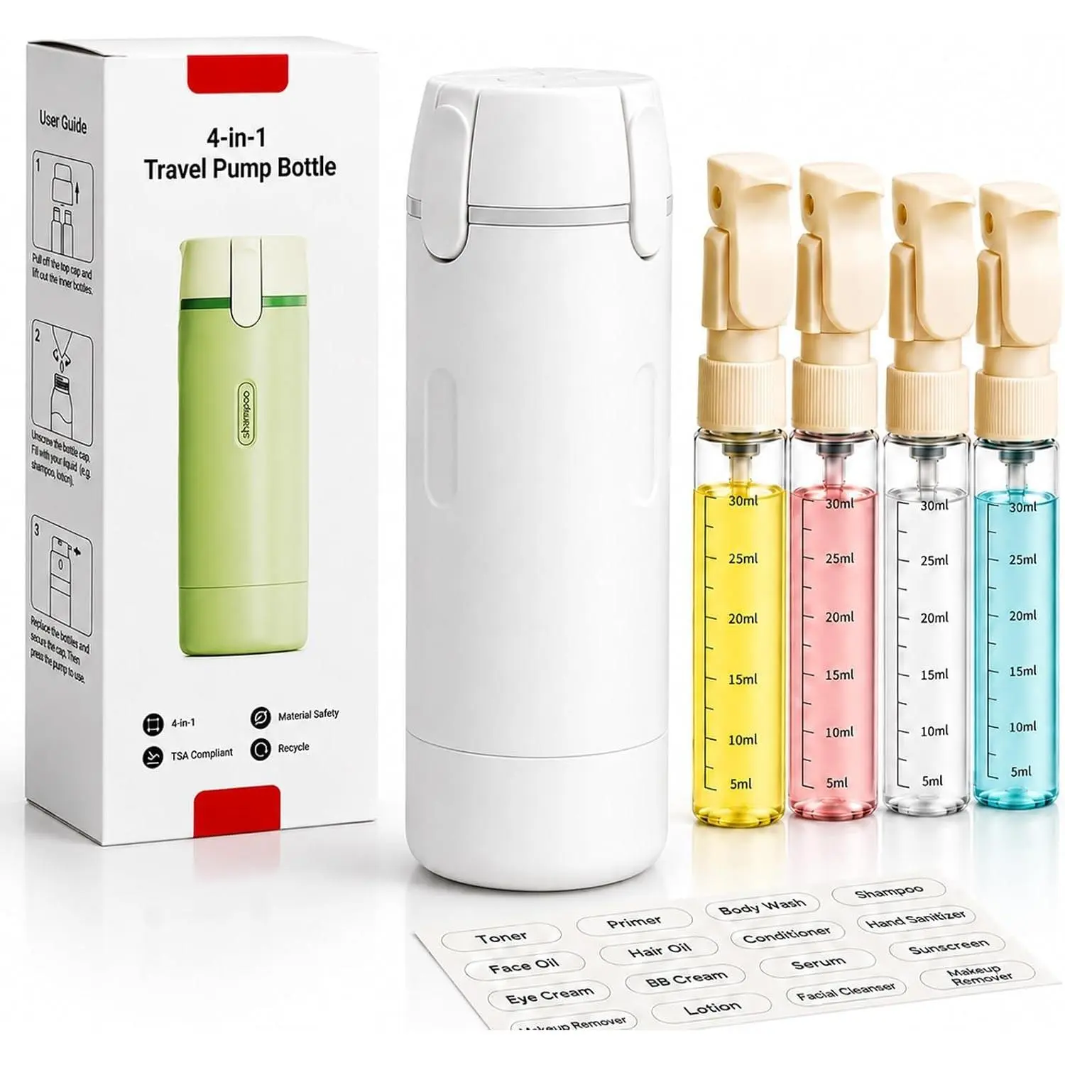 4 in 1 Travel Dispenser Bottles Shampoo Refillable Leak Proof TSA Compliant Size Containers Toiletries Toiletry with Pump Design Portable Organizer Conditioner Lotion Cream Vacation (White)Gift