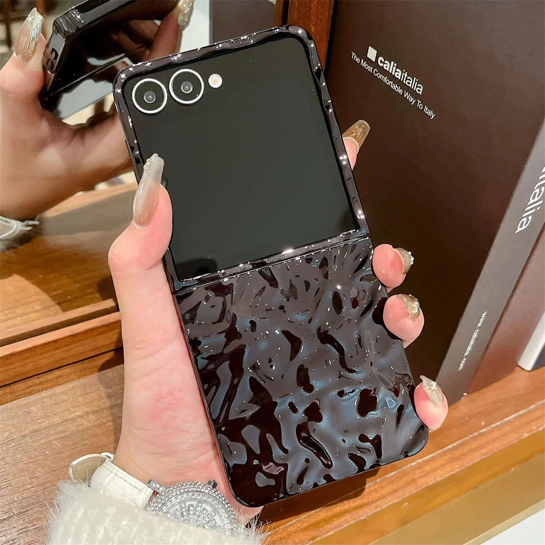 Senior Luxury Korean Electroplating Wrinkle Pattern Case for Samsung Galaxy Z Flip8 Z Flip7 Zflip6 ZFlip5 ZFlip4 ZFlip3 Cover