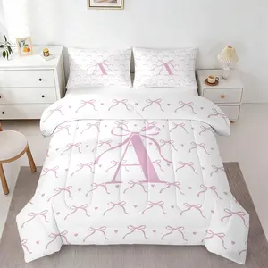2/3Pcs Coquette Pink Bow Initial Letter A Comforter Set, 1 Comforter + 1-2 Pillowcases, Sweet Princess Butterfly Knot Heart Print Quilt Bedding Set, Soft Microfiber All Season, Ideal Present for Girls Bedroom Dorm Room Decor