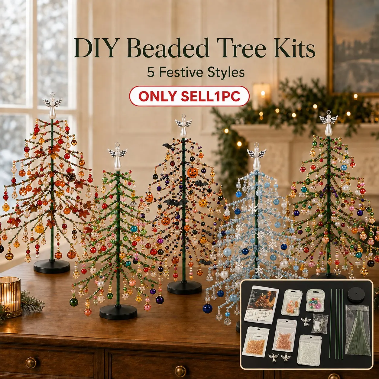 DIY Beaded Christmas Tree Kit, Handmade Craft Set with Lights, Festive Holiday Decor for Kids & Adults, Halloween Fall Desktop Home Decoration