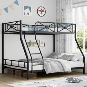 full metal bunk heavy-duty bed frame with shelves Twin Over , high guardrail Modern diamond Heavy Duty Bunkbeds  Safety Guard Rails & Space-Saving Design, Steel Twin  for School, Bedroom, Black，sturdy structure ladder sturdy steel bed