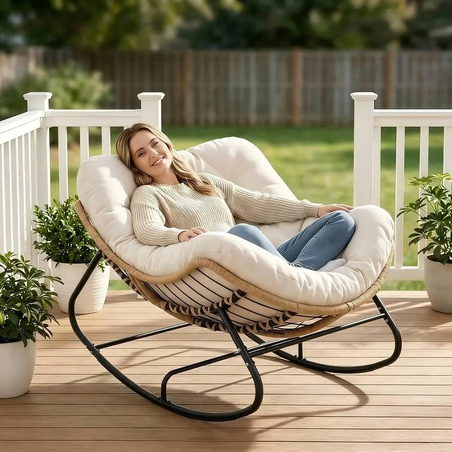 Skin-Friendly And Comfortable Outdoor Patio Rocking Chairs, Egg Chairs, Royal Papasan Chairs, Extra-Large Outdoor Lounge Chairs With Thickened Cushions, Leisure Rocking Chairs Perfect For Patios,