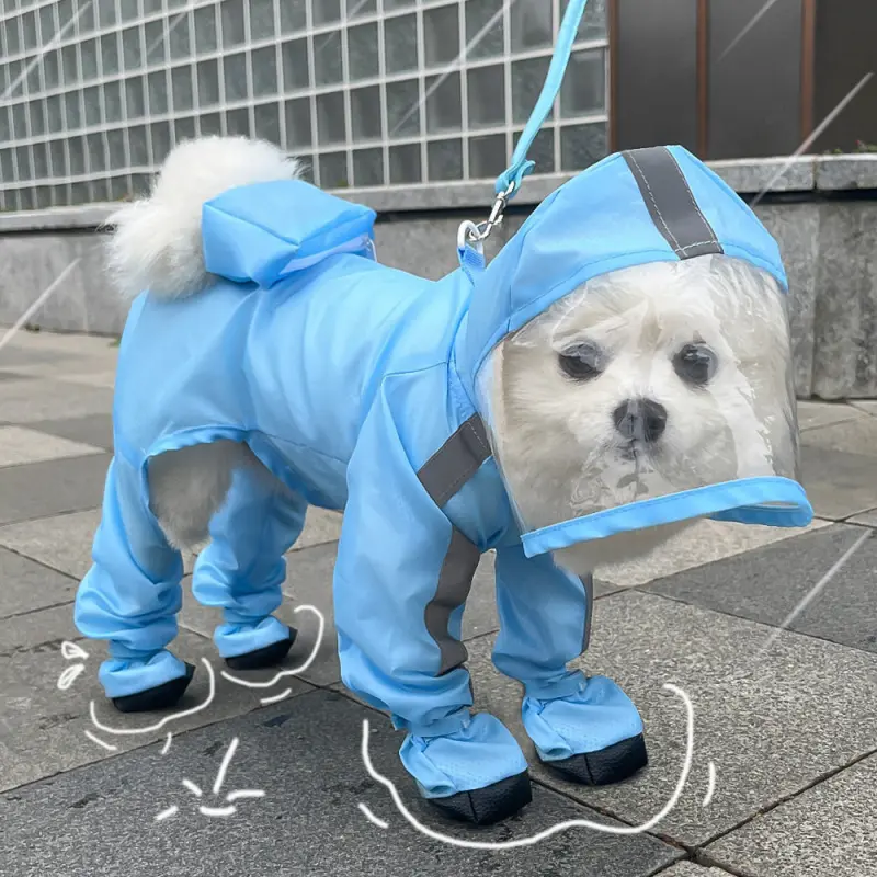 Waterproof 4-Leg Dog Raincoat with Hood & Attached Boots, Clear Wide Brim Outdoor Pet Rain Jacket with Leash Hole for Small Breed Puppies