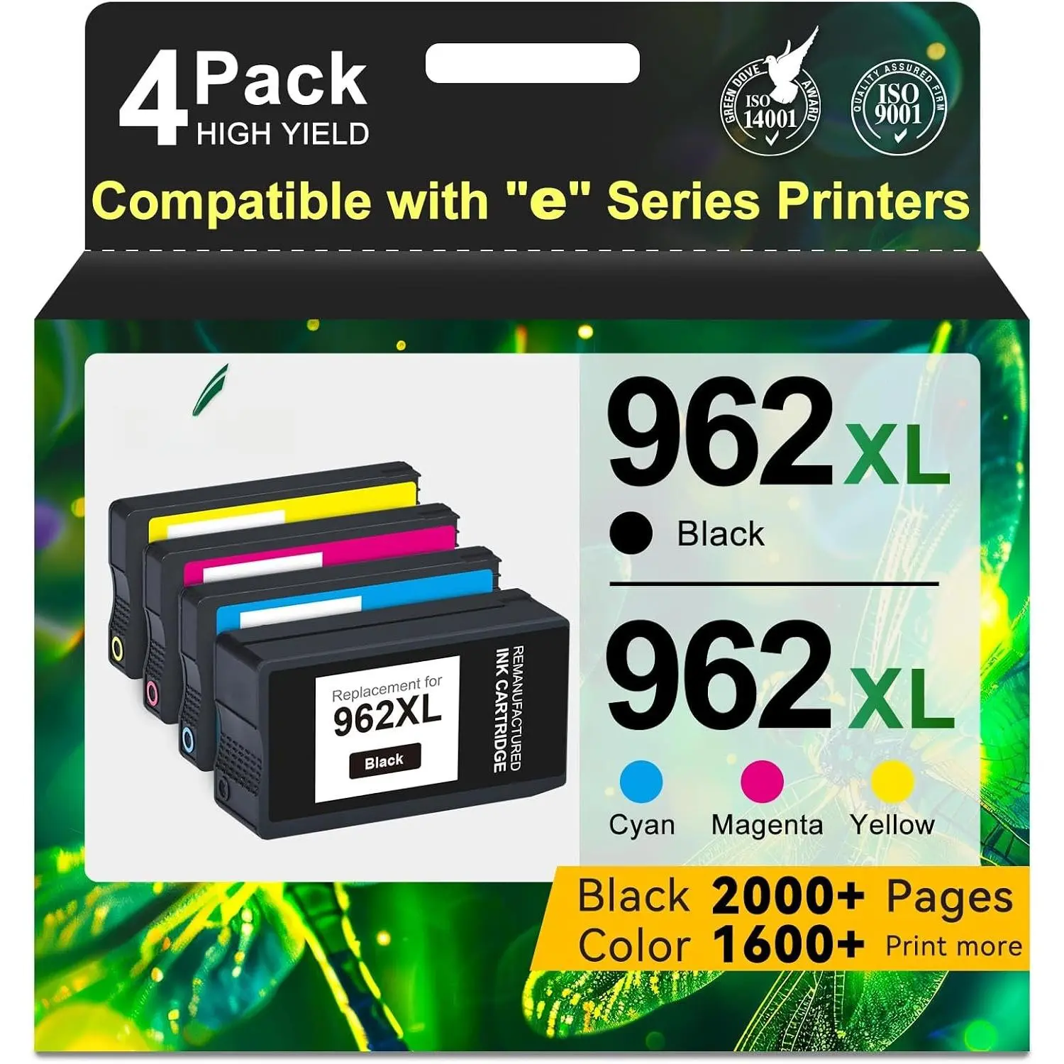 High Capacity High Yield 962XL Ink Cartridges Combo Pack (4PK) with Upgraded Chip, HP 962 Compatible for Officejet Pro 9010, 9012e, 9015, 9015e, 9018e, 9020, 9025, 9025e, Ideal for Office Daily Use, High Capacity Ink Cartridges