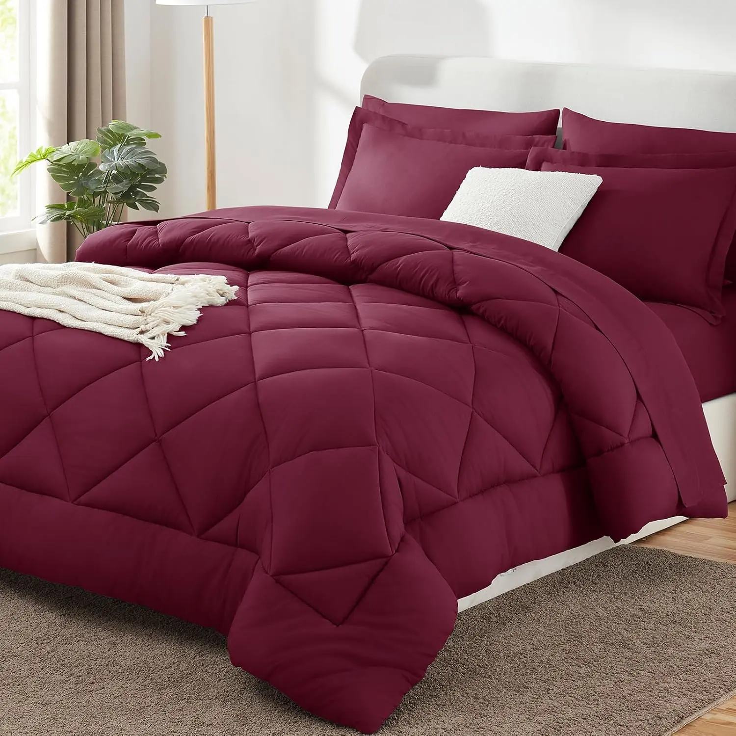 King Size Comforter Set Burgundy - 7 Pieces Bed in a Bag King, Luxury Soft Bed Set for All, Bedding Set with Down Alternative Comforter, Sheets, Pillowcases & Shams
