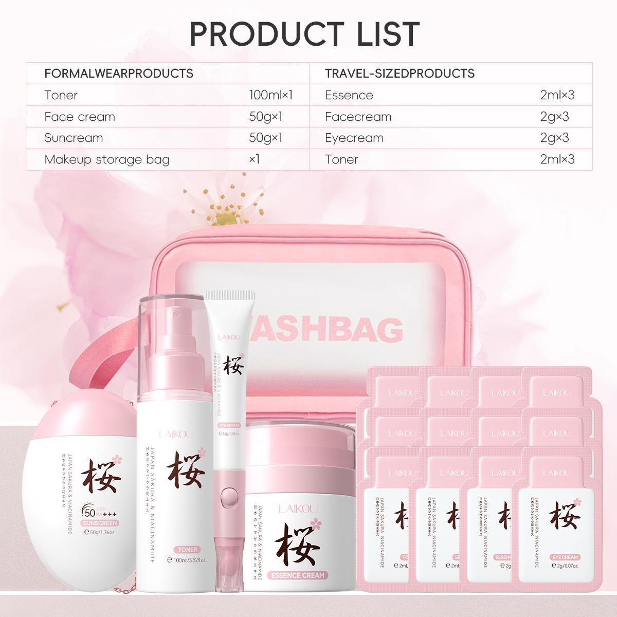 Sakura Skin Care Kit, 17pcs/set Toner & Cream & Sunscreen & Eye Cream & Makeup Bag & Experience Pack, Portable Skin Care Kit for Women, Moisturizing Set, Skin Care Sets
