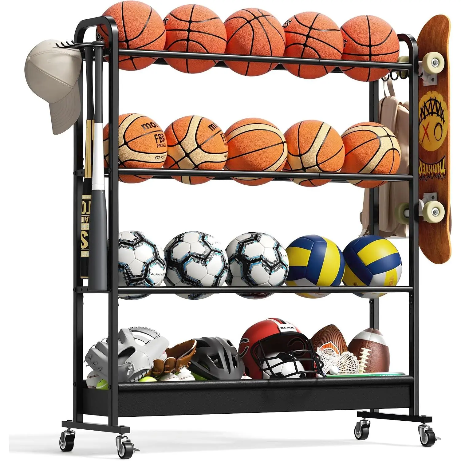 Adjustable Basketball Rack with Wheels, 4-Tier Sports Ball Storage Cart for Basketball Football Volleyball Soccer & More, Holds up to 20 Balls