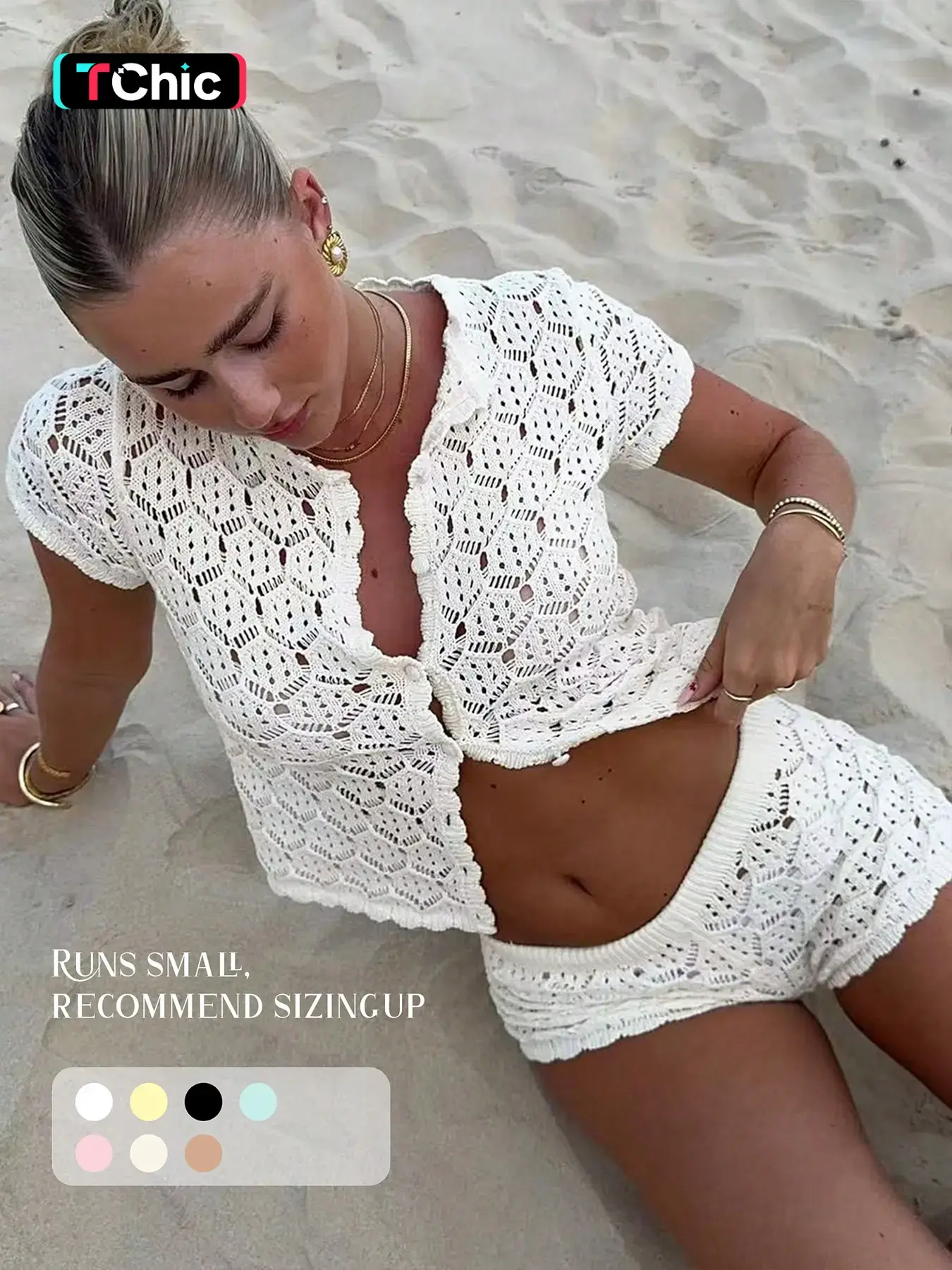 Women's Summer Crochet Mesh Hollow Out Short Sleeve Knit Cardigan Set, Sexy Slim-Fit Two-Piece Clubwear, Cover-Ups for Vacation and Beach, Crochet Cover-Ups, Beachwear