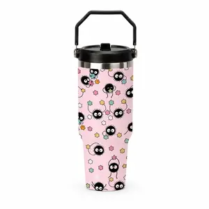 Cute Japanese Cartoon Sprite 30oz Stainless Steel Travel Cup with Handle and Straw, Kawaii Star Candy Pattern Coffee Tumbler for Office, School and Road Trips, Cup Holder Friendly Daily Water Drinkware for Car