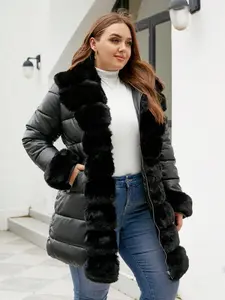 Women's Winter Long Hooded PU Cotton Coat, Elegant Fitted Warm Jacket with Belt, Vintage Plush Patchwork, Fall & Winter Outerwear