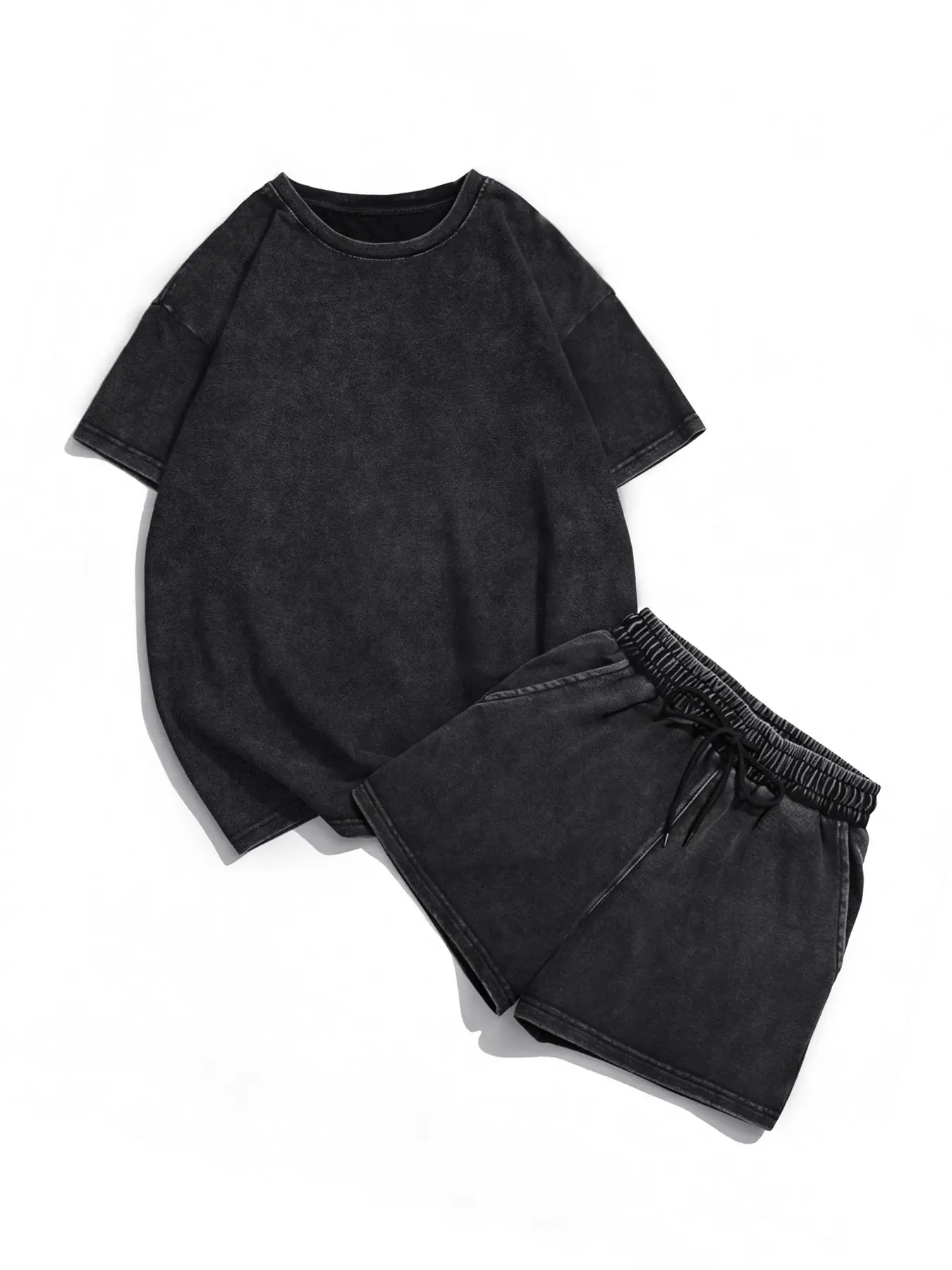 Women's Vintage Acid Wash Knit Set, Loose Fit Baggy Short Sleeve T-Shirt + Drawstring Waist Shorts, Comfortable Streetwear for Daily Outing