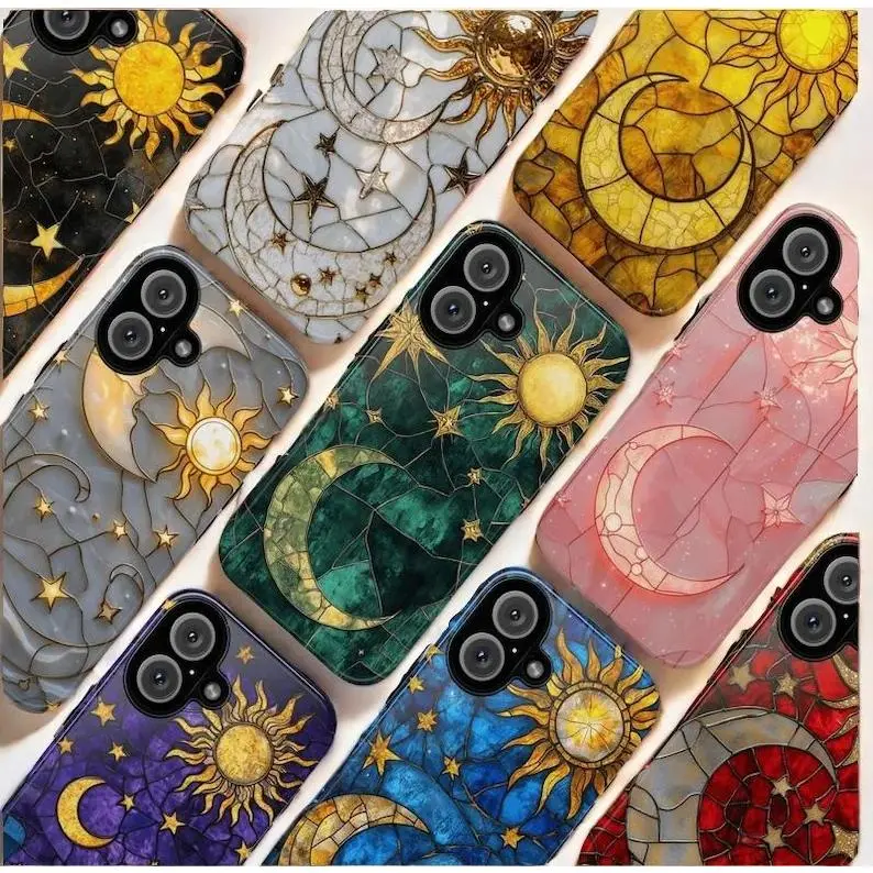 Tianchi's painted glass phone case, painted glass moon and sun phone case, suitable for iPhone 17 Pro Max, Air 16, 15, 14, 13, 12, 11 Pro Max Plus / Samsung Galaxy, S25, S26, S24 Ultra, FE, Glossy phone case trendy gift ideal christmas cute style