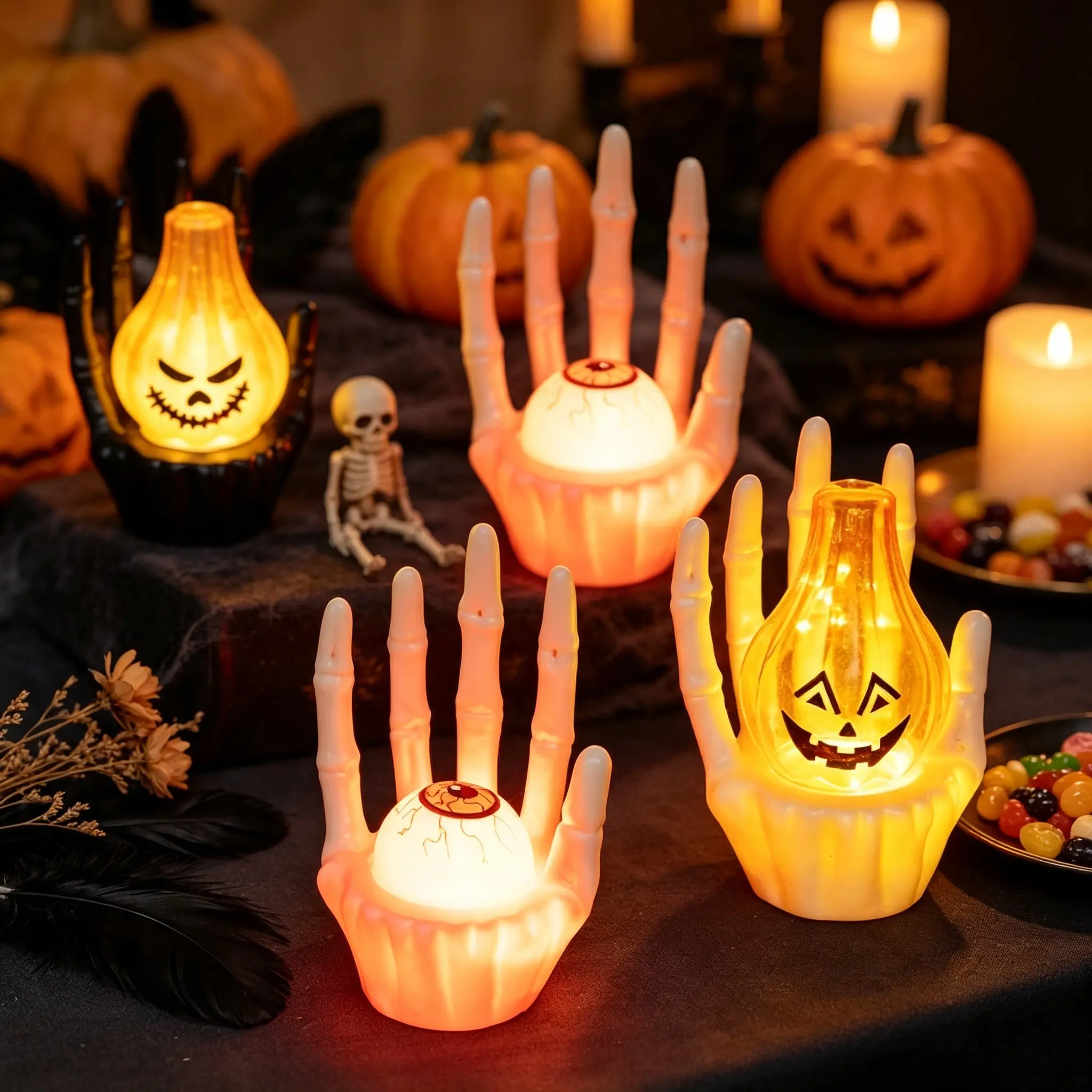 Mini Ghost Skeleton Hand Halloween LED Decor Light, Pumpkin Face & Eyeball Electronic Candle Lamp Powered by 2 LR44 Button Batteries, Small Spooky Tabletop Ornament for Halloween Party & Haunted House