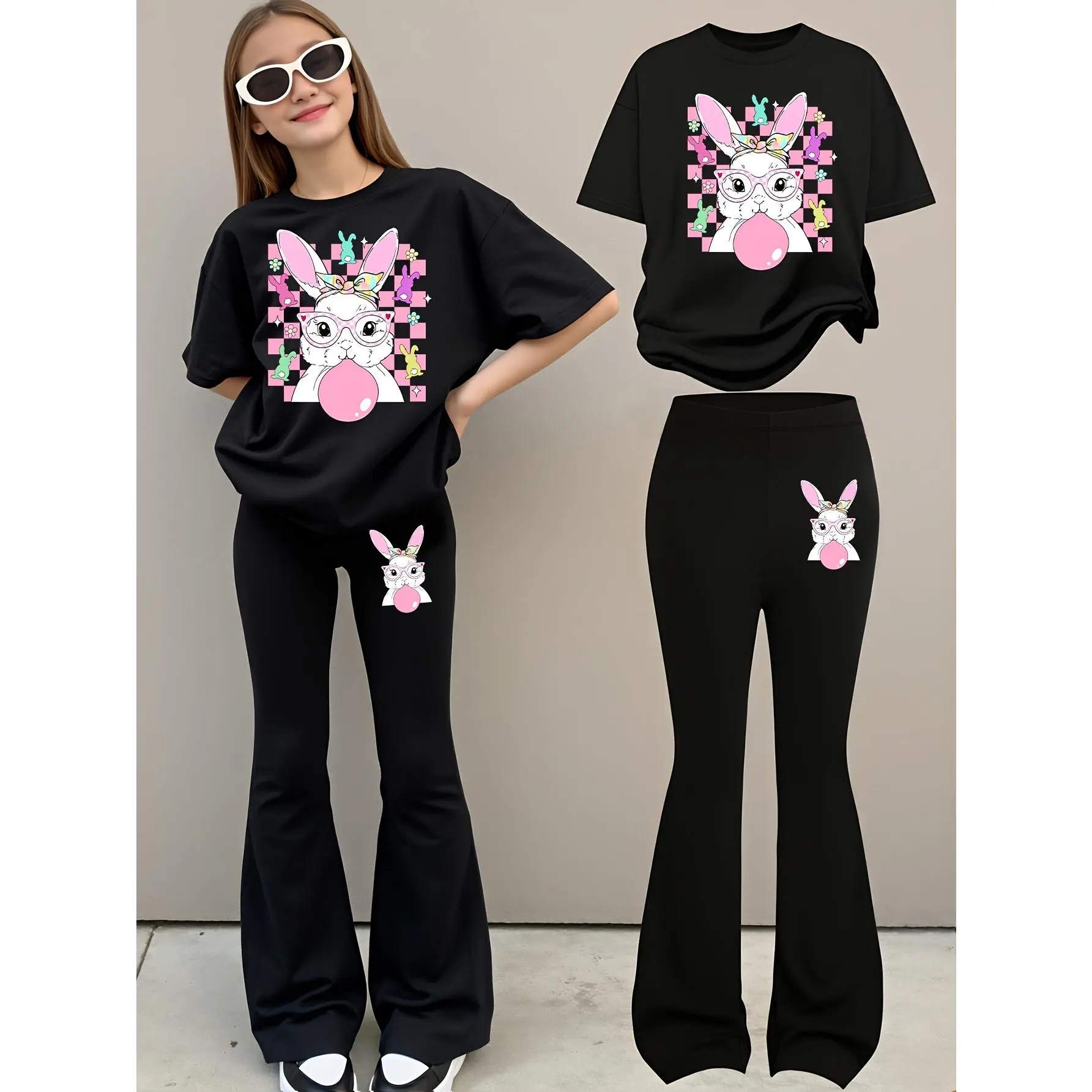 Easter Girl Wearing Glasses with a Bubble-Blowing Bunny Graphic Print Casual Sports Outfit, Featuring a Novel And Creative Sweet T-Shirt And Flared Pants Set, for Outdoor