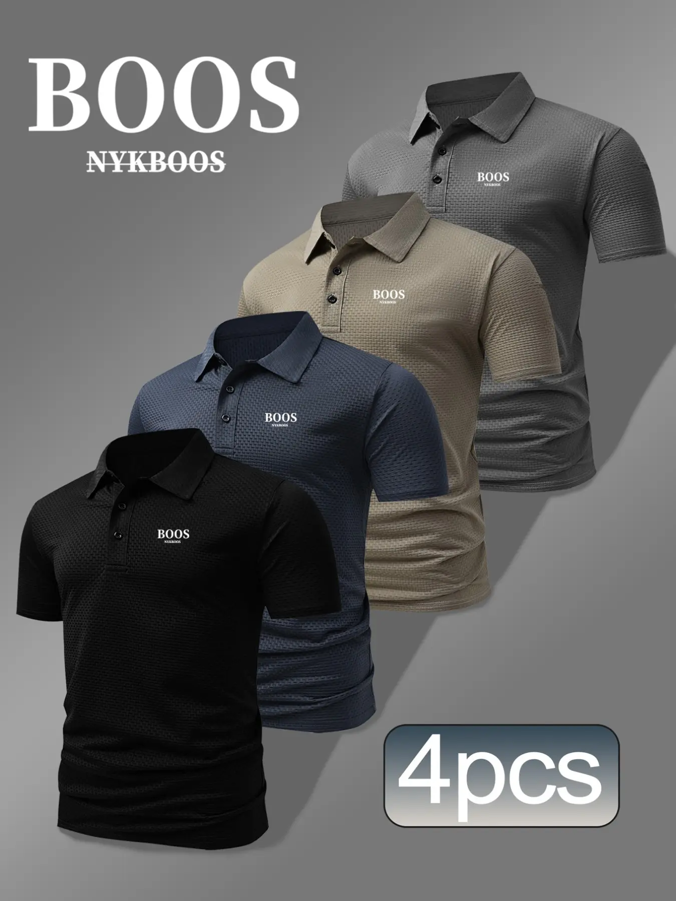 4-Pack A02-3425 Fashion Boss Logo Print Men's Collared Shirts, Elastic Casual Breathable All-Season Comfortable High-Quality Polo Shirts